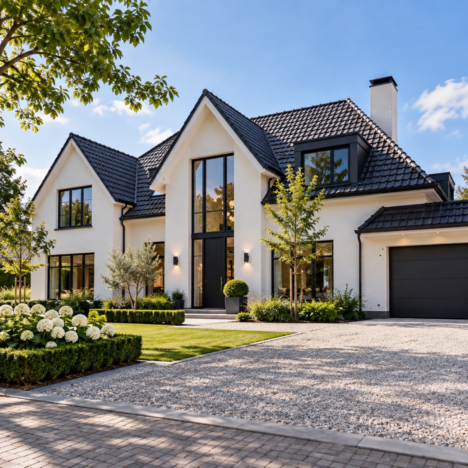 Modern wit vrijstaand huis met zwart dak en grote raampartijen